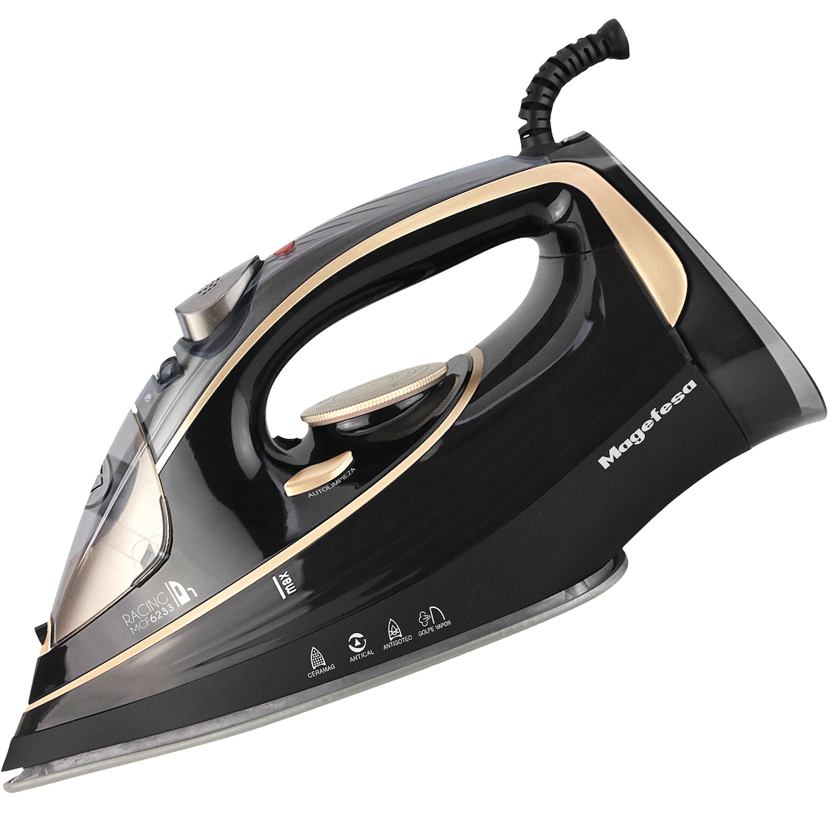 Magefesa Racing - Plancha de Vapor, 2600W, 360ml, Suela Cerámica, Deslizamiento Suave, Planchado Vertical, Selector de Temperatura, Depósito de Agua