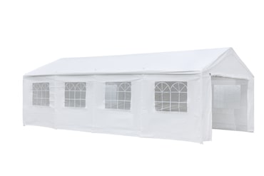 METRO PROFESSIONAL Gazebo per eventi con parete laterale Blenheim, acciaio/poliestere/polietilene, 4 x 8 m, idrorepellente, bianco.