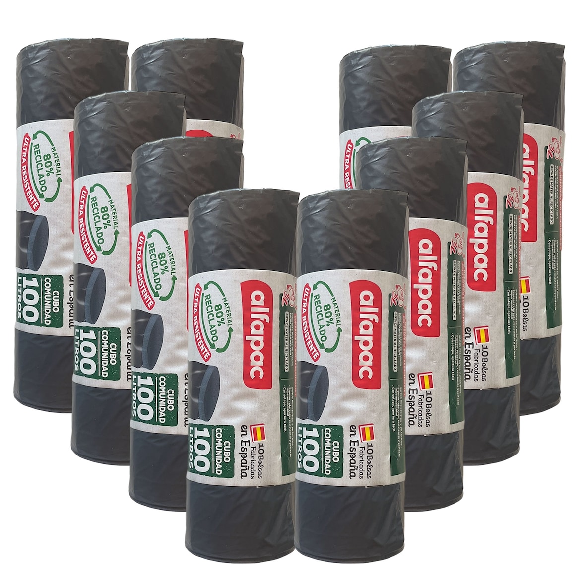 Alfapac - Sacos de lixo 100L 84x105cm para Balde Comunitário 10 Rolos x 10 Unidades (80% Reciclado)