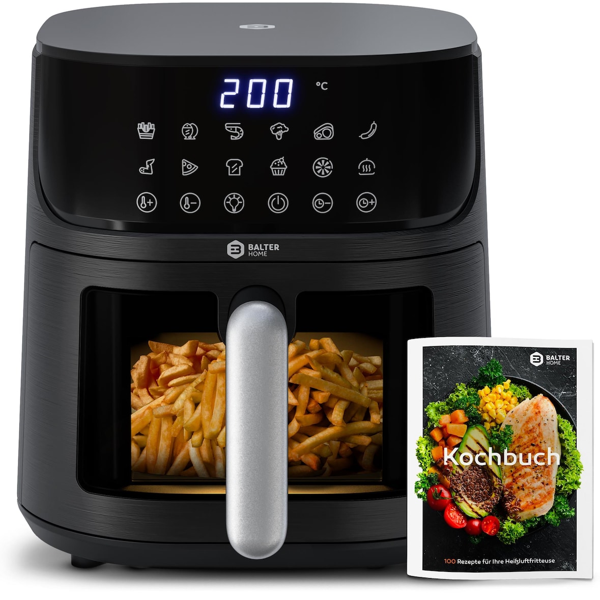 Balter Heißluftfritteuse Airfryer, 5,5 L, Friteuse Heissluftfritteuse XXL mit Sichtfenster, 12 Programme, all-in-1 Air Fryer, inkl. 100 Rezepte, HL-55