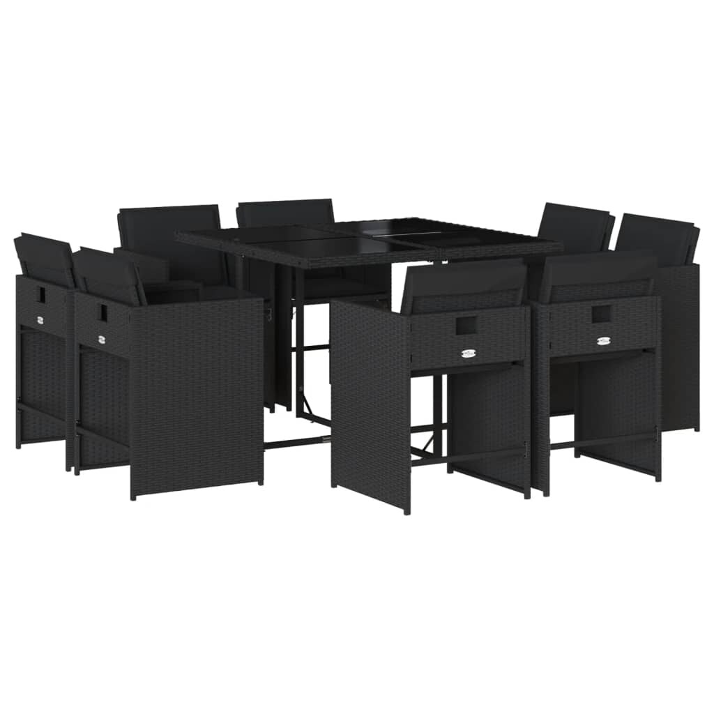 vidaXL 9-tlg. Garten-Essgruppe mit Kissen Schwarz Poly Rattan