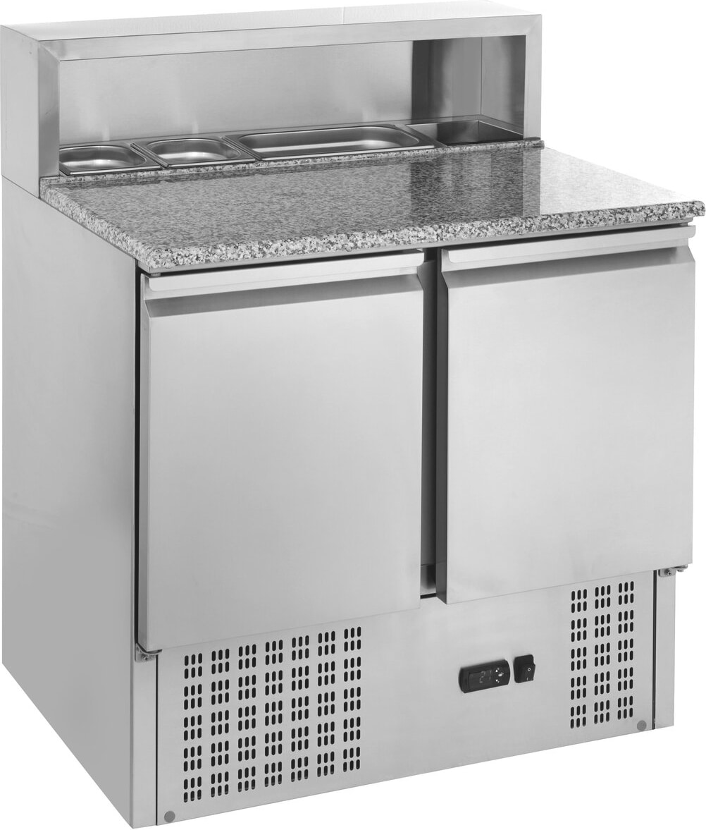 GastroHero Pizzatisch ECO 900 mit Granitplatte Kühltisch 2 Türen 900x700 mm Pizza Vorbereitungstisch für 5x GN 1/6 Behälter Umluftkühlung +2 bis +8 °C