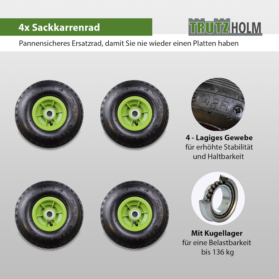 4x Sackkarrenrad Luftrad 260x85 mm 3.00-4 60 mm versetze Nabe Ø 20 mm grün robustes 4 PR Gewebe