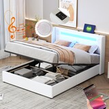 thumbnail of Merax Polsterbett 140x200 Bett mit LED-Lichtleiste, Bluetooth-Player und USB-Aufladung, Stauraumbett aus PU-Leder, Doppelbett Weiß