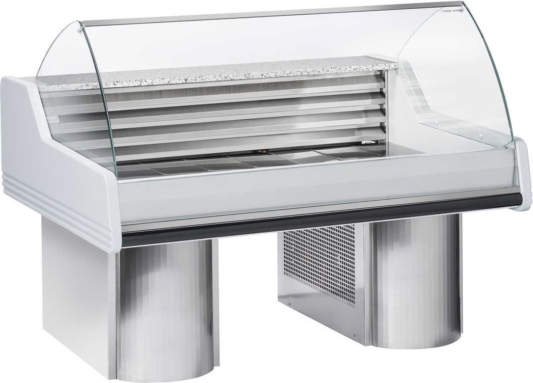 Gekühlte Fisch- und Meeresfrüchte-Theke. Platte aus Granit. Innen Inox AISI 316. Temperatur -1°C/+5°C. Abmessungen 150x120 h118 cm. Kühlkopf WFH150