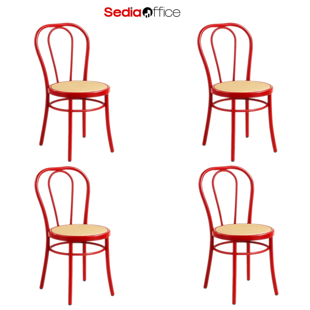 SEDIAOFFICE Set da 4 Sedie Modello Thonet in Metallo 88x48x42 cm Ideale Per Bar, Ristoranti, Sale e Bistrot ad Uso Interno e Esterno Rosso Lucido