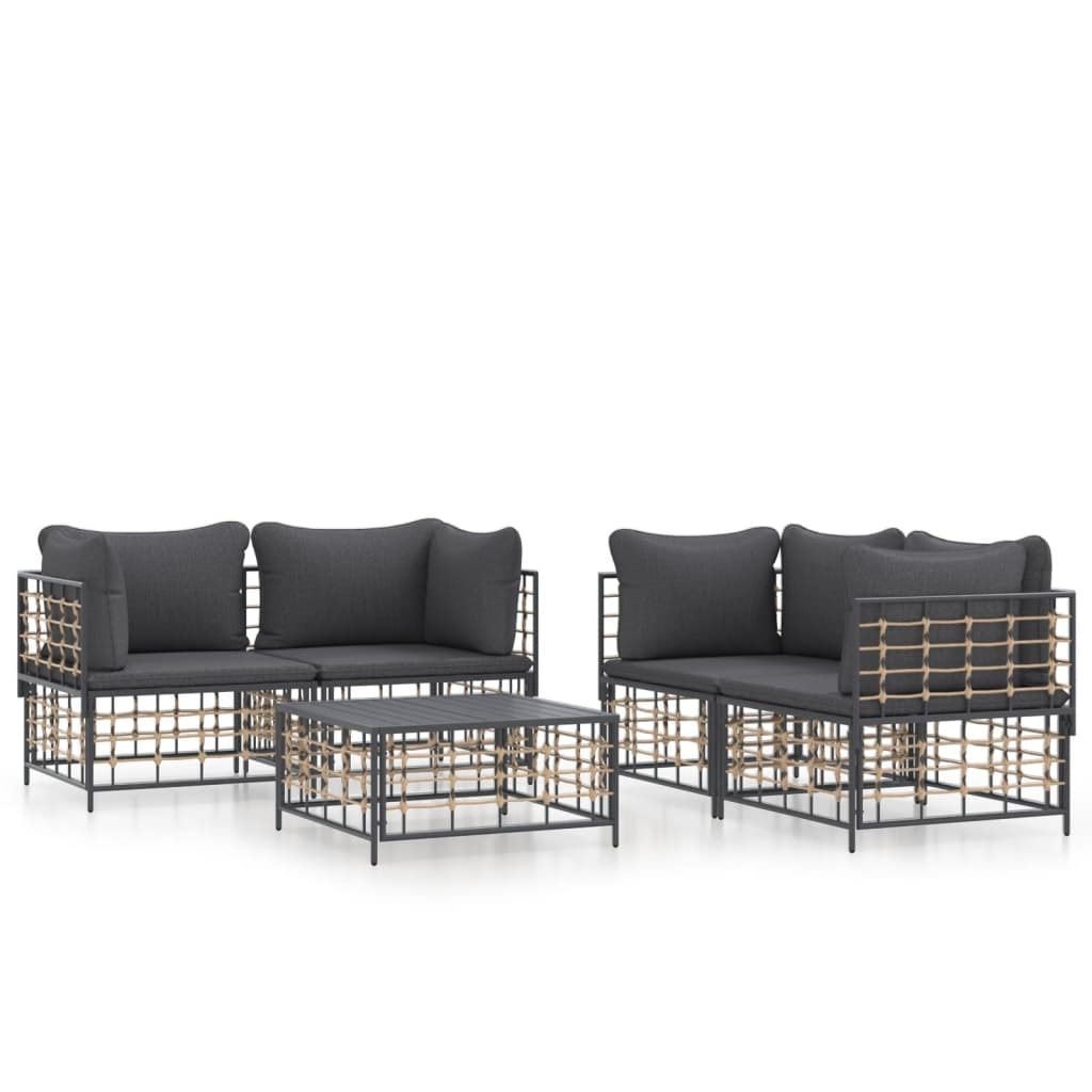 vidaXL 5-tlg. Garten-Lounge-Set mit Kissen Anthrazit Poly Rattan