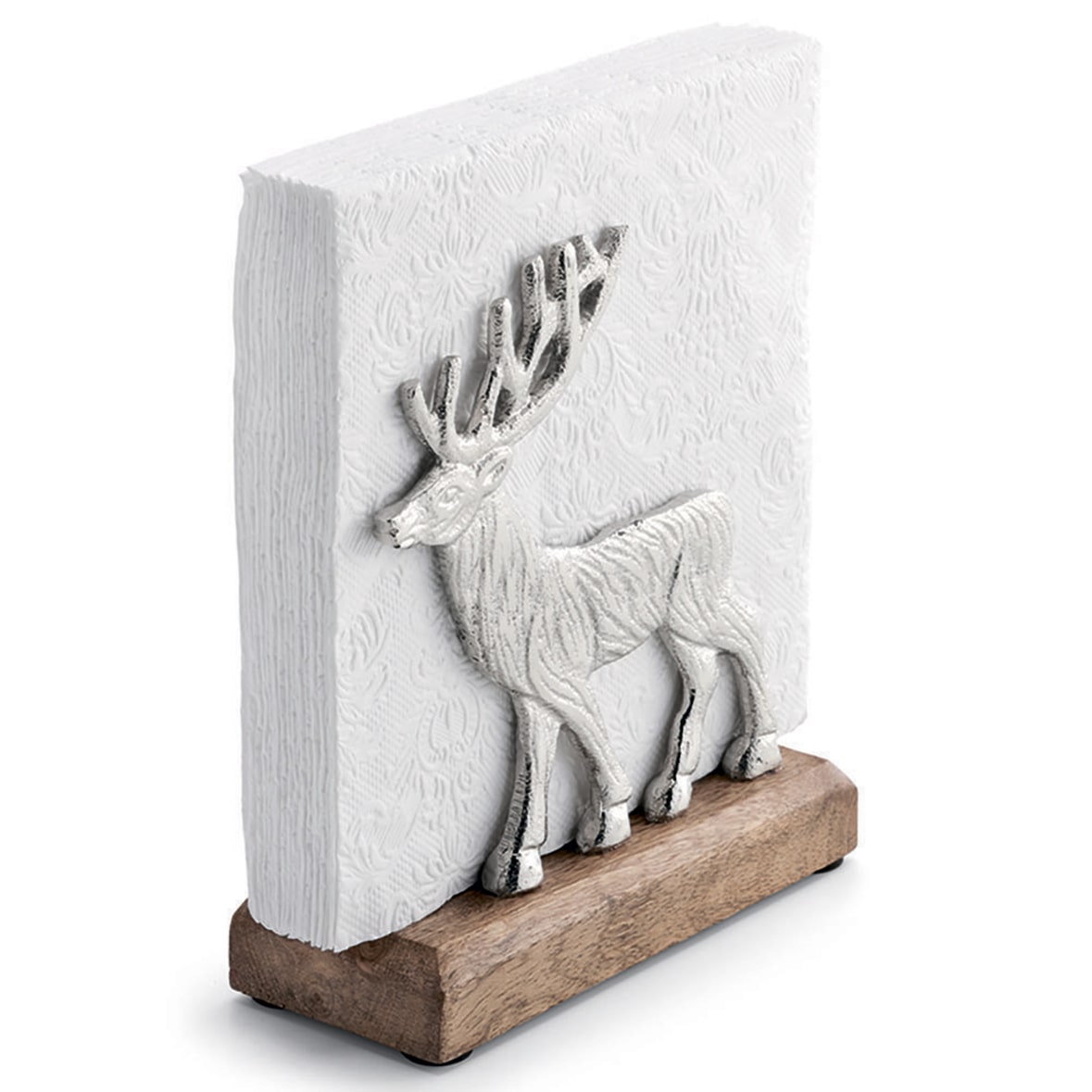 Serviettenhalter 16cm Holz Metall mit Hirsch Design Tischserviettenhalter stehend Winterdeko Weihnachtsdeko Serviettenspender Natur Silber