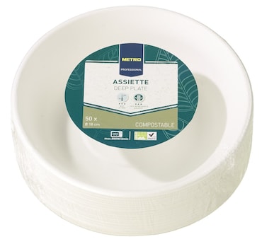 METRO Professional Pratos de papel, Ø 18 cm, descartáveis, compostáveis, fundos, sustentáveis, brancos, 50 unidades
