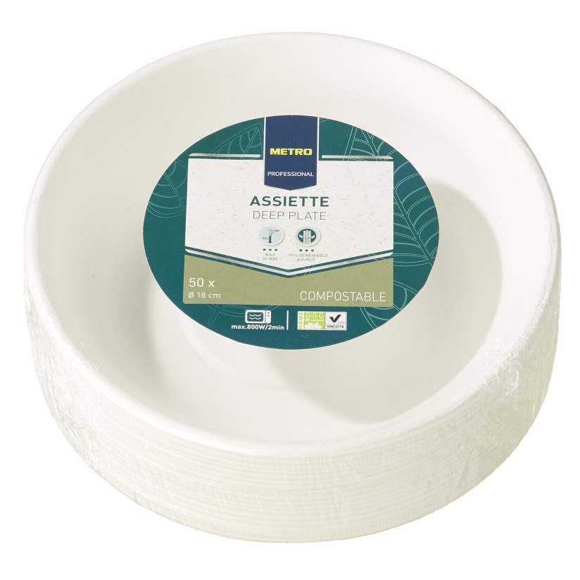 METRO Professional Kartonnen borden, Ø 18 cm, Wegwerp, composteerbaar, diep, duurzaam, wit, 50 stuks