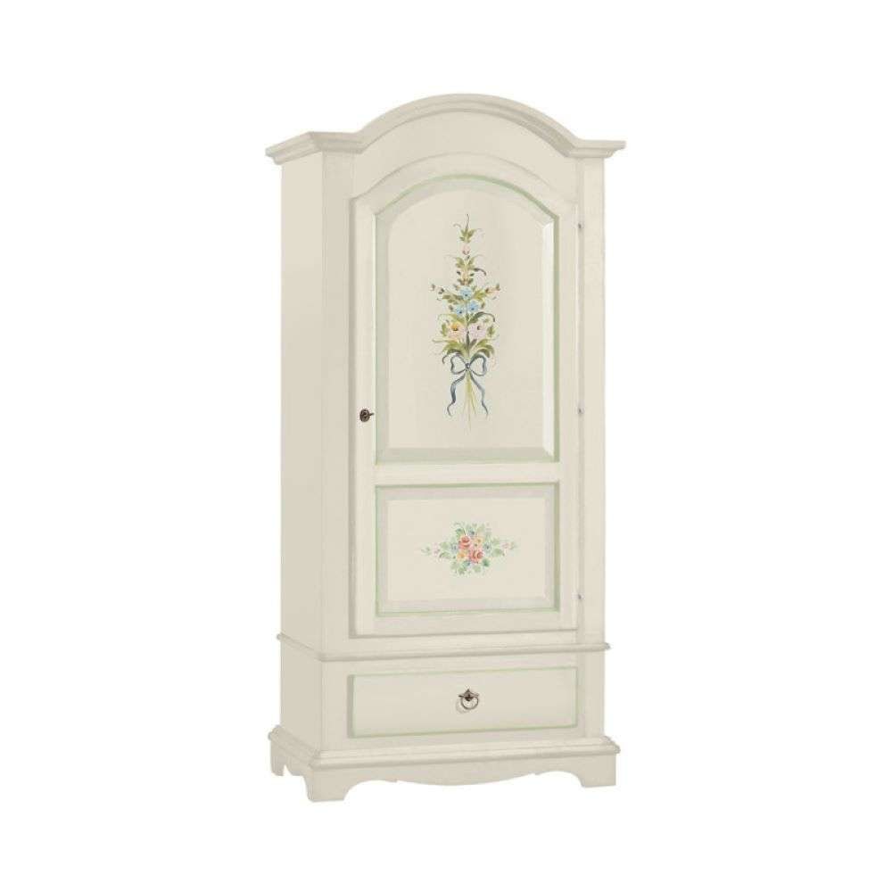 shopinnovativo -Armadio appendiabiti 1 anta 1 cassetto arte povera in legno massello e mdf con rifinitura in bianco filo verde con decori 95x56x196 H
