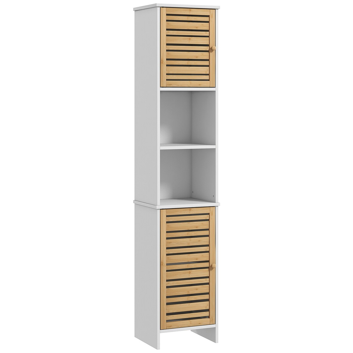 Columna de baño moderna mueble auxiliar de baño con estantes ajustables y puertas de bambú anti-vuelco 35x30x170 cm blanco y natural