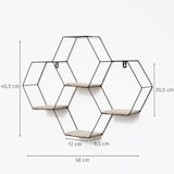 thumbnail of Vierdubbel zeshoekig metalen wandrek met 4 houten plankjes - 40,5x58 cm - Zwart