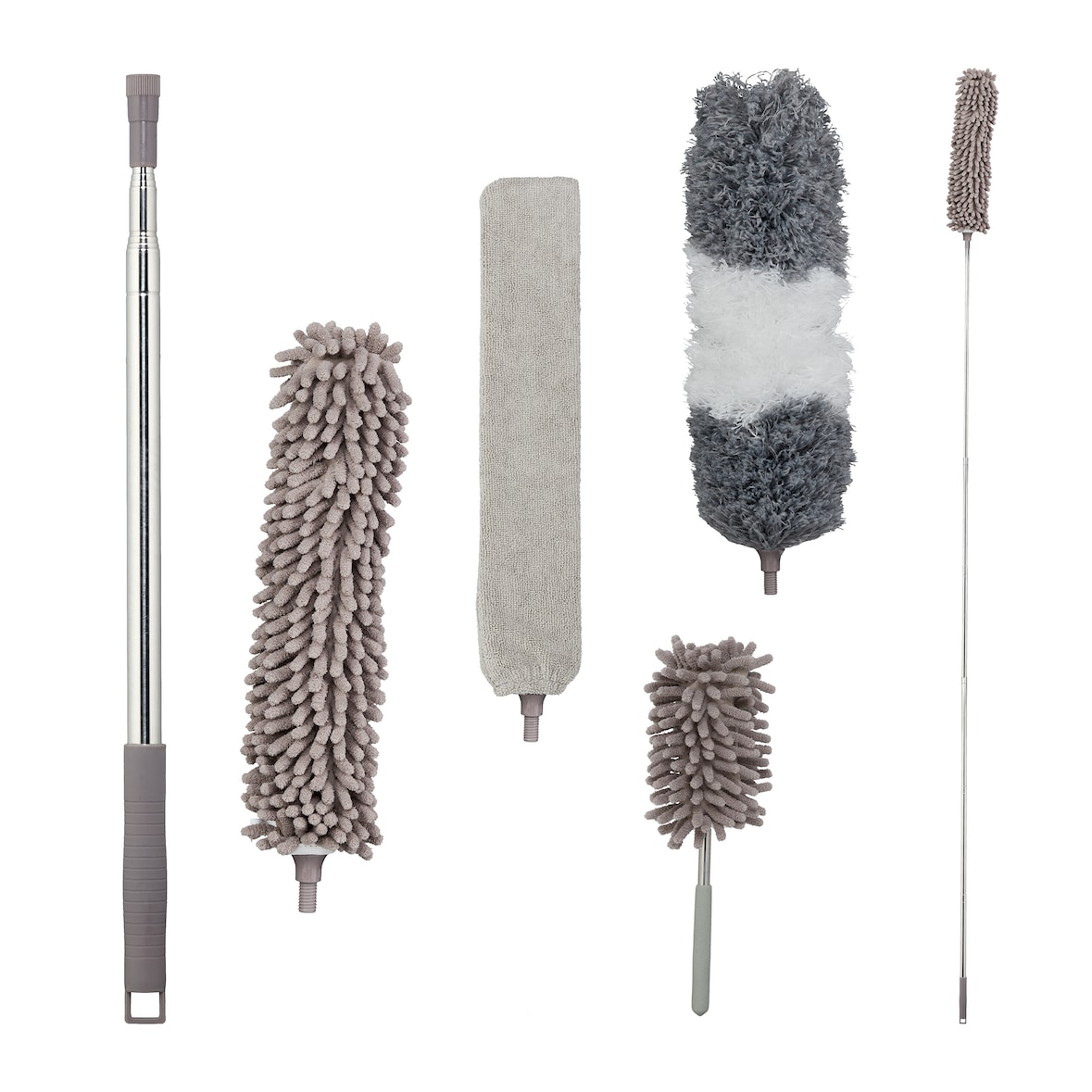 Relaxdays Staubwedel Set, 3 Aufsätze, 1 Staubmopp, Teleskopstange bis 2,5 m Länge, waschbar, biegbar, Staubwischer, grau