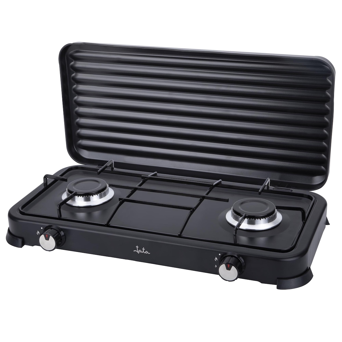 JATA JECG2702 - Fogão a gás portátil de 2 quemaidores com grelha. Para butano e propano. Tampa protectora extraível. Ideal para camping