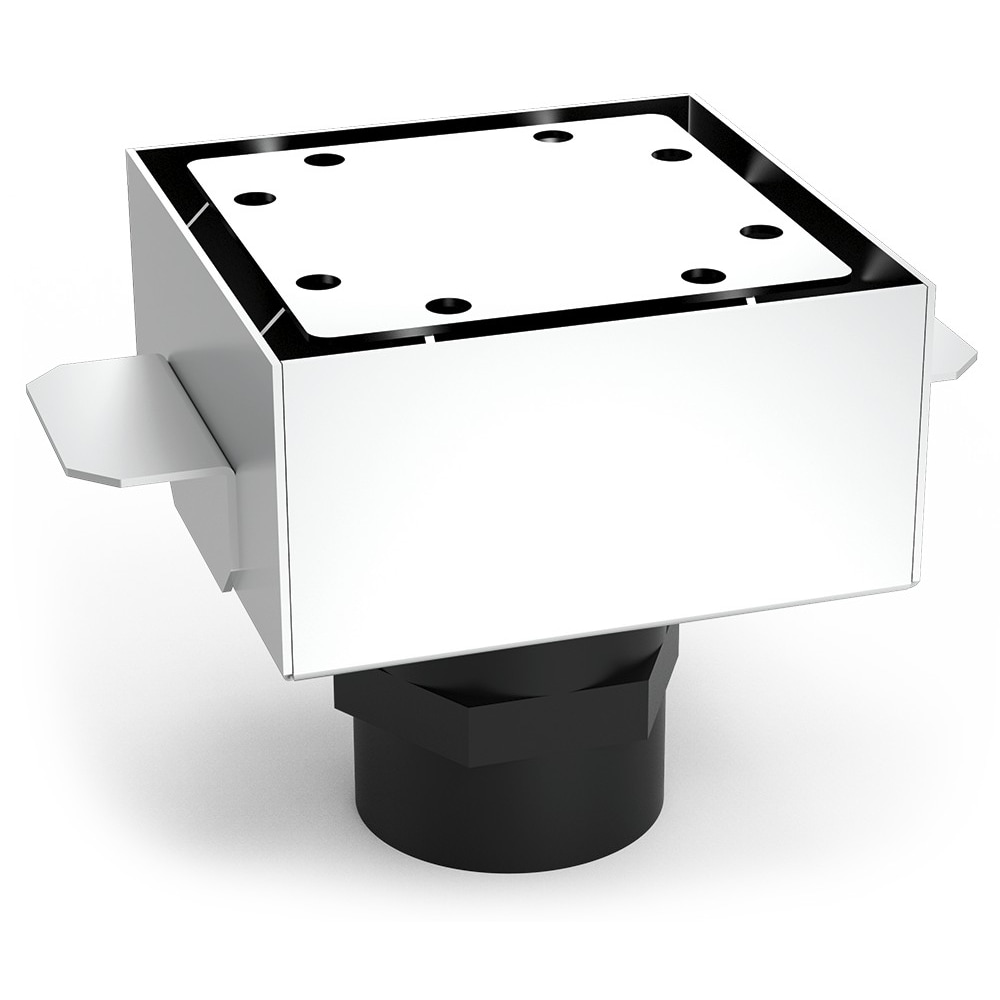 Sumidouro sifónico em aço inoxidável com saída vertical 150x150 mm.