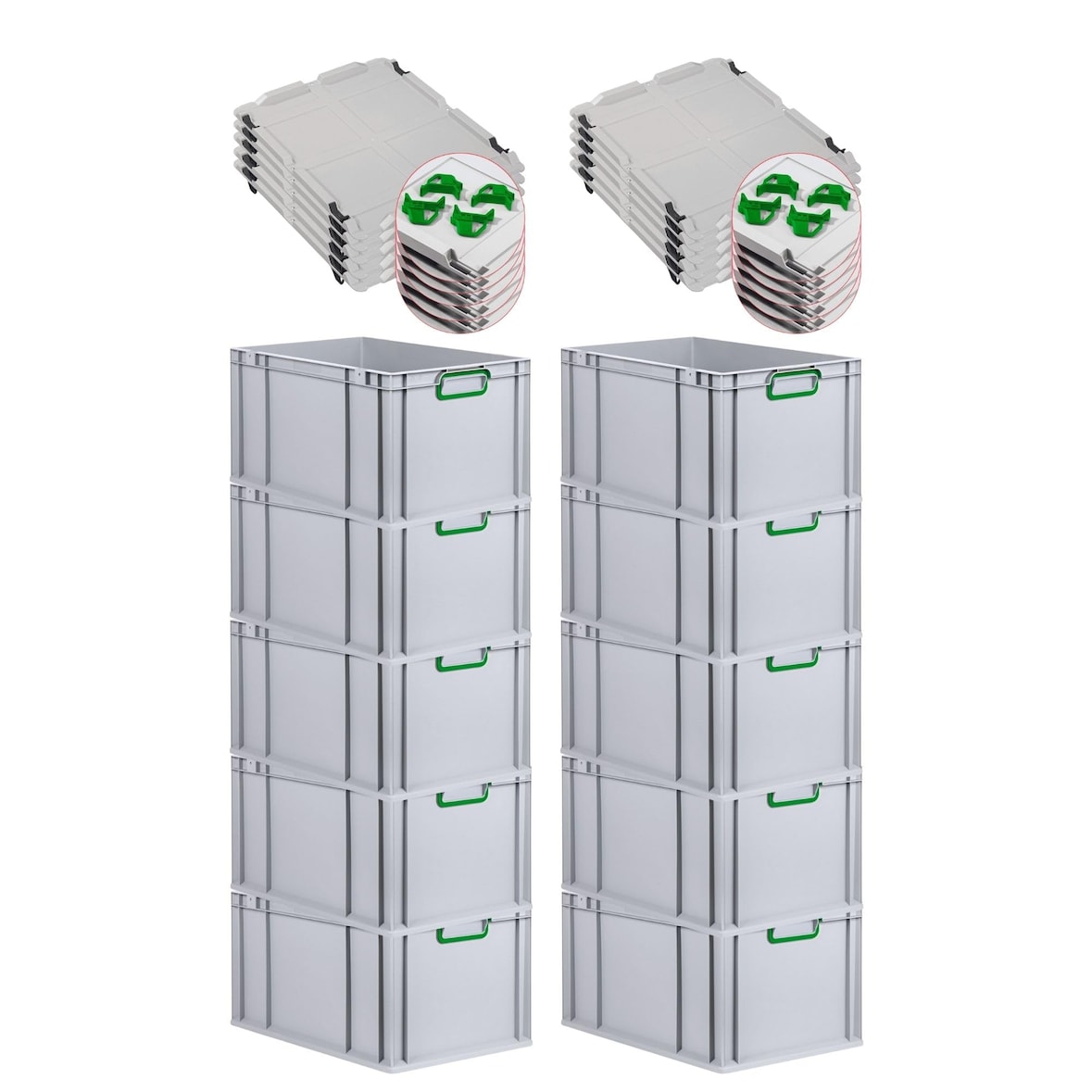 PROREGAL SparSet 10x Eurobox NextGen Color mit Auflagedeckel & Verschlüsse, HxBxT 32x40x60cm, 65L, Grau, Griffe grün zu, Eurobehälter, Box