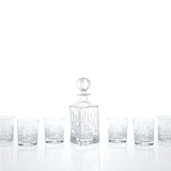 Decantador de Whisky y Licor (700ml) 1 Tapón de Cristal, 6 Vasos para Whisky (300 ml), Cristal Soplado y Tallado Artesanal