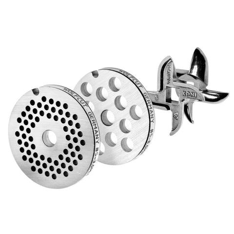 WOLFCUT Fleischwolfscheibensatz 3 mm + 8 mm Bohrung und ein Sichelmesser kompatibel mit allen gängigen Fleischwolf Marken Größe 5