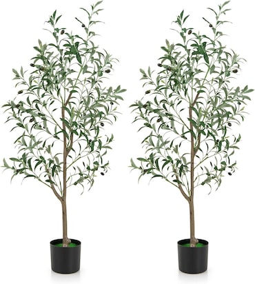 COSTWAY Juego de 2 Olivos Artificiales, Planta Artificial 130 cm, Planta de Interior con Maceta de Cemento, Hojas y Frutos Naturales