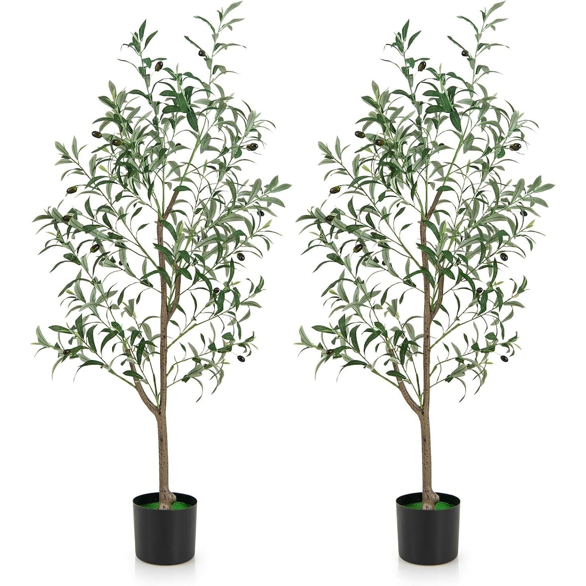 COSTWAY Juego de 2 Olivos Artificiales, Planta Artificial 130 cm, Planta de Interior con Maceta de Cemento, Hojas y Frutos Naturales