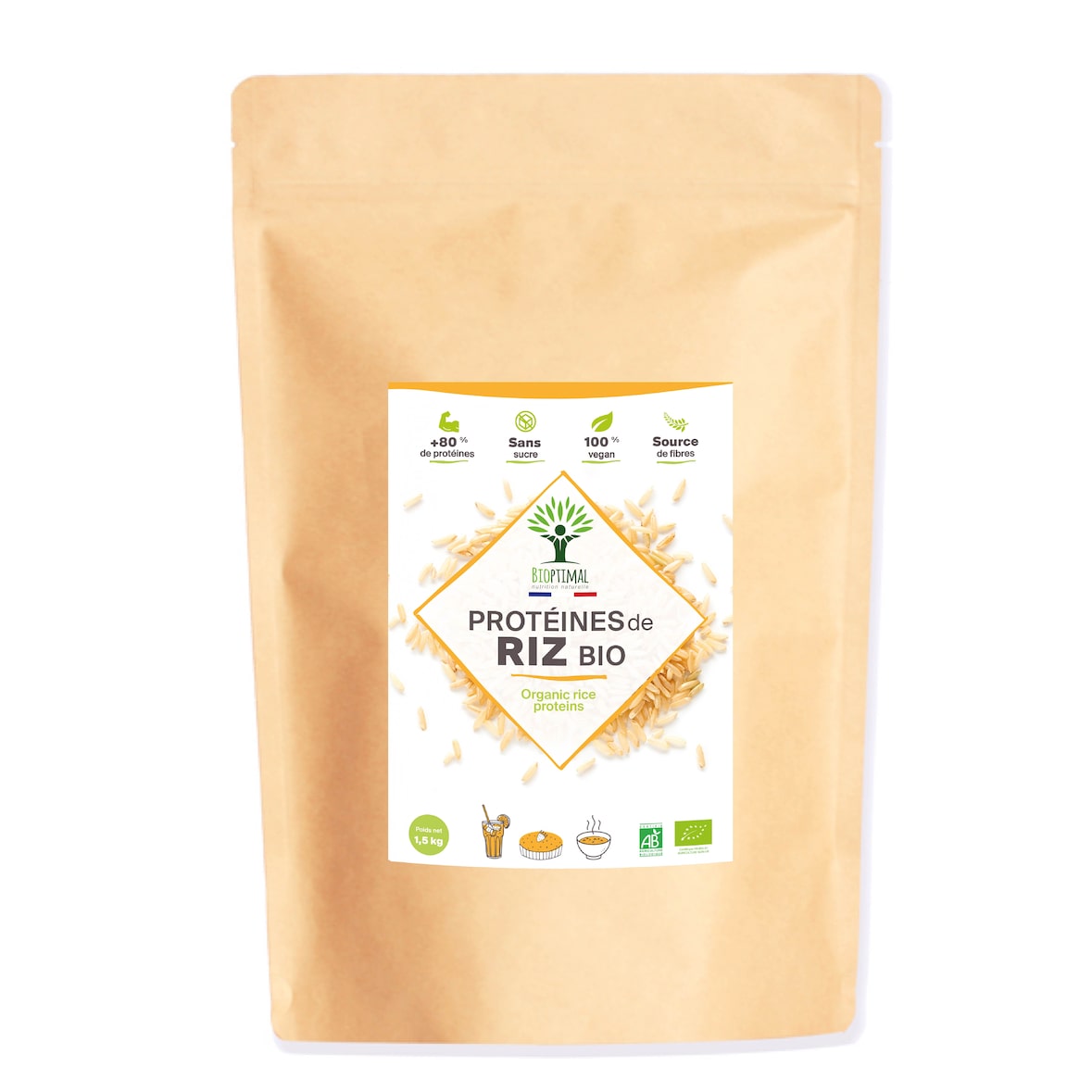 Protéine de Riz Bio - 80% de Protéines - Sport Musculation - Poudre de Riz Germé - Whey Végétale - Conditionné en France - Certifié Ecocert - 1,5 kg