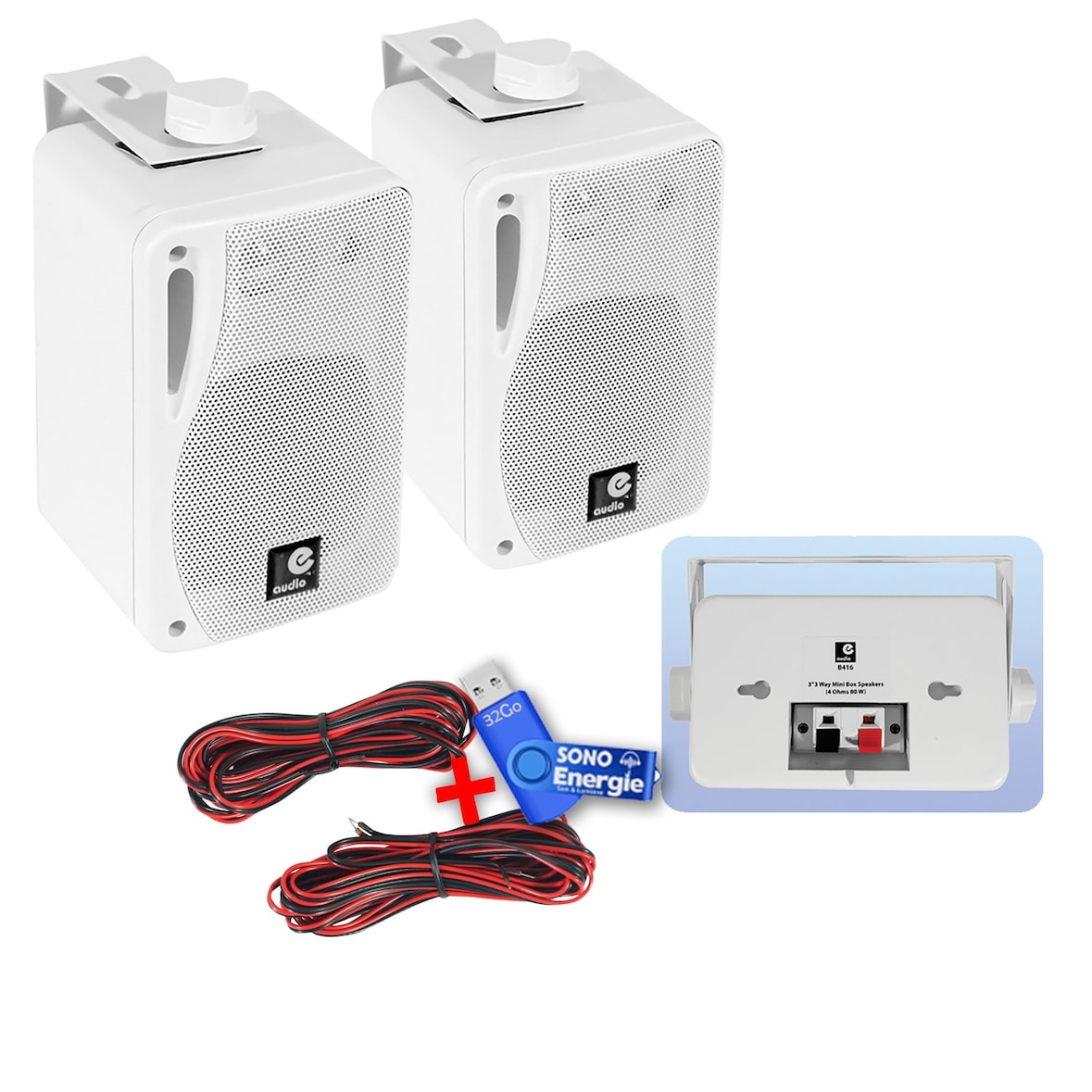 Paire enceintes E-Audio B416 80W Blanches 3 voies avec support+Clé USB 32G Idéal pour une utilisation domestique ou commerciale