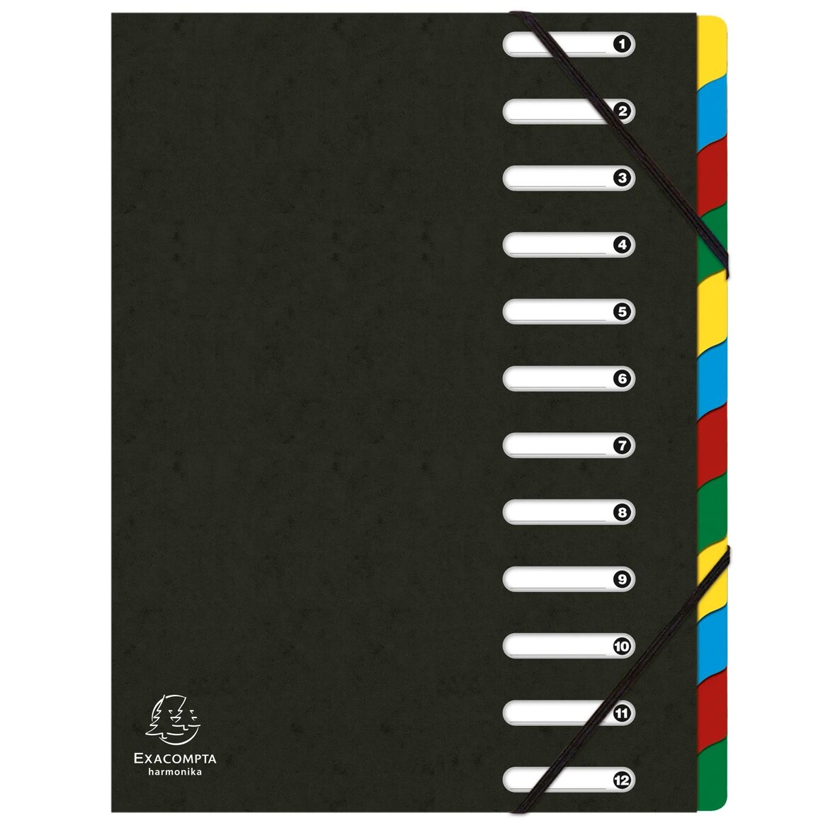 Exacompta 55121E 6x Ordnungsmappe HARMONIKA mit ausgestanzten Fenstern und Gummizug , aus Colorspan-Karton, mit 12 Fächern, für DIN A4 - Schwarz