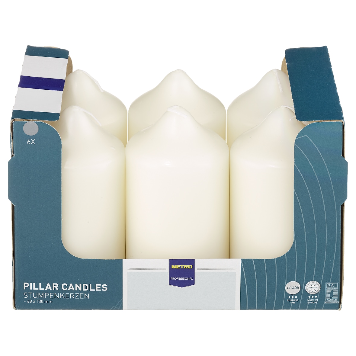 METRO Professional Bougies pilier, en paraffine, Ø 6,8 x 13 cm, durée de combustion de 40 heures, couleur blanche, lot de 6