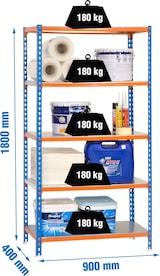 thumbnail of SimonRack Estantería Metálica, 1800x900x400 mm, 5 Alturas, Bandeja Metal, 180 kg de Punto Flexión, Azul/Naranja/Galva - Simonclick