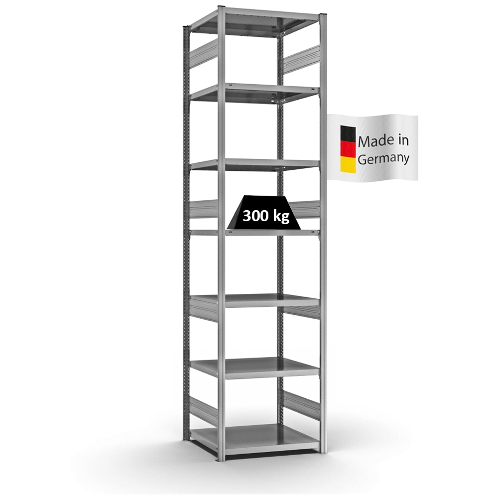PROREGAL Fachbodenregal Stecksystem | Grundregal | HxBxT 300x75x60cm | 7 Ebenen | Fachlast 330 kg | Beidseitig nutzbar | Verzinkt