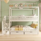 thumbnail of Etagenbett 90x200 aus Massivholz Hausform mit Sicherheitsleiter Stauraum Schubladen Sicherheitsgeländer Funktionsbett platzsparend Weiß
