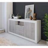 thumbnail of Credenza Moderna Madia Con 2 Ante 2 Cassetti Vano A Giorno Mobile Sala Pranzo Soggiorno Ingresso Senza Maniglie 184x86x42 Cm Bianco Grigio Cemento