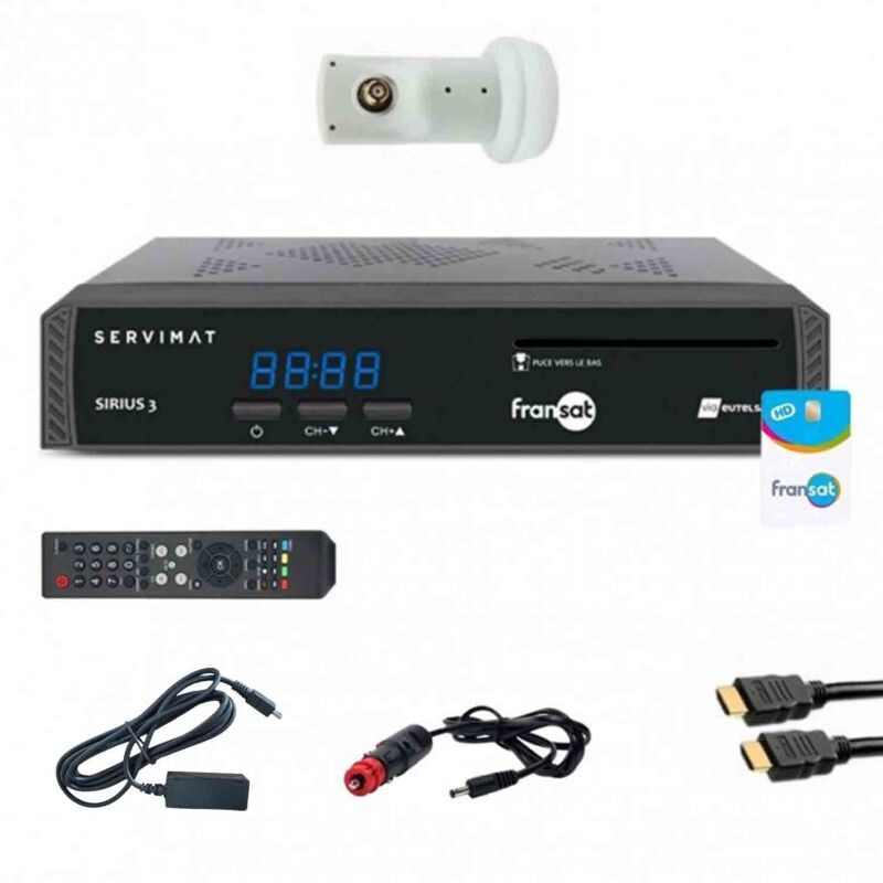 Récepteur Tv Satellite Hd + Carte Fransat + Câble Hdmi + Câble 12v + Déport Ir + Lnb Single Usage Non Intensif Servimat