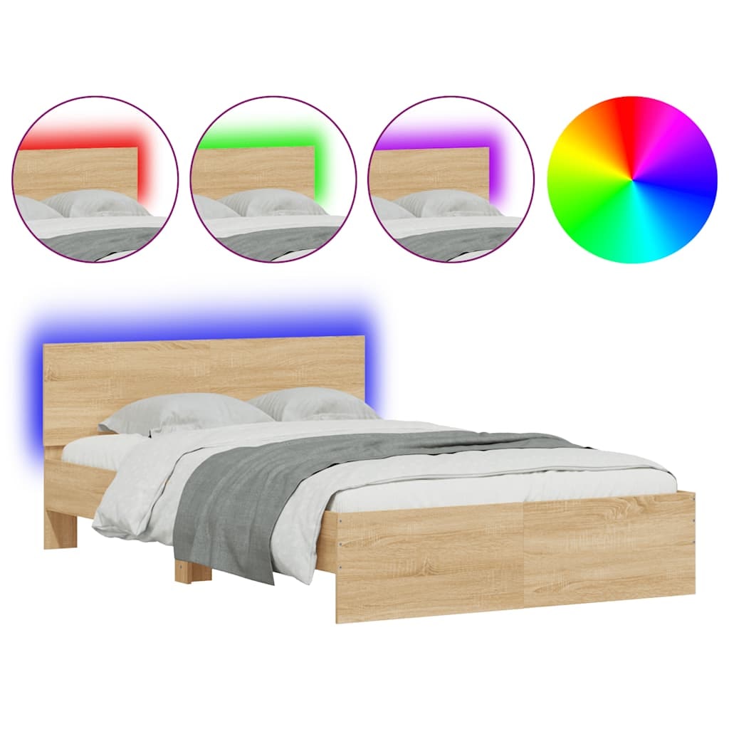 vidaXL Bettgestell mit Kopfteil LED-Beleuchtung Sonoma-Eiche 120x190cm
