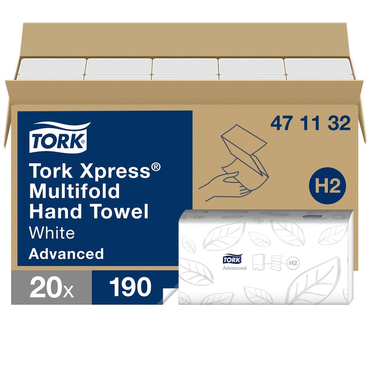 TORK Carton 20 Paquets Essuie-Mains 24X21Cm 2 Plis Blanc Pour H2
