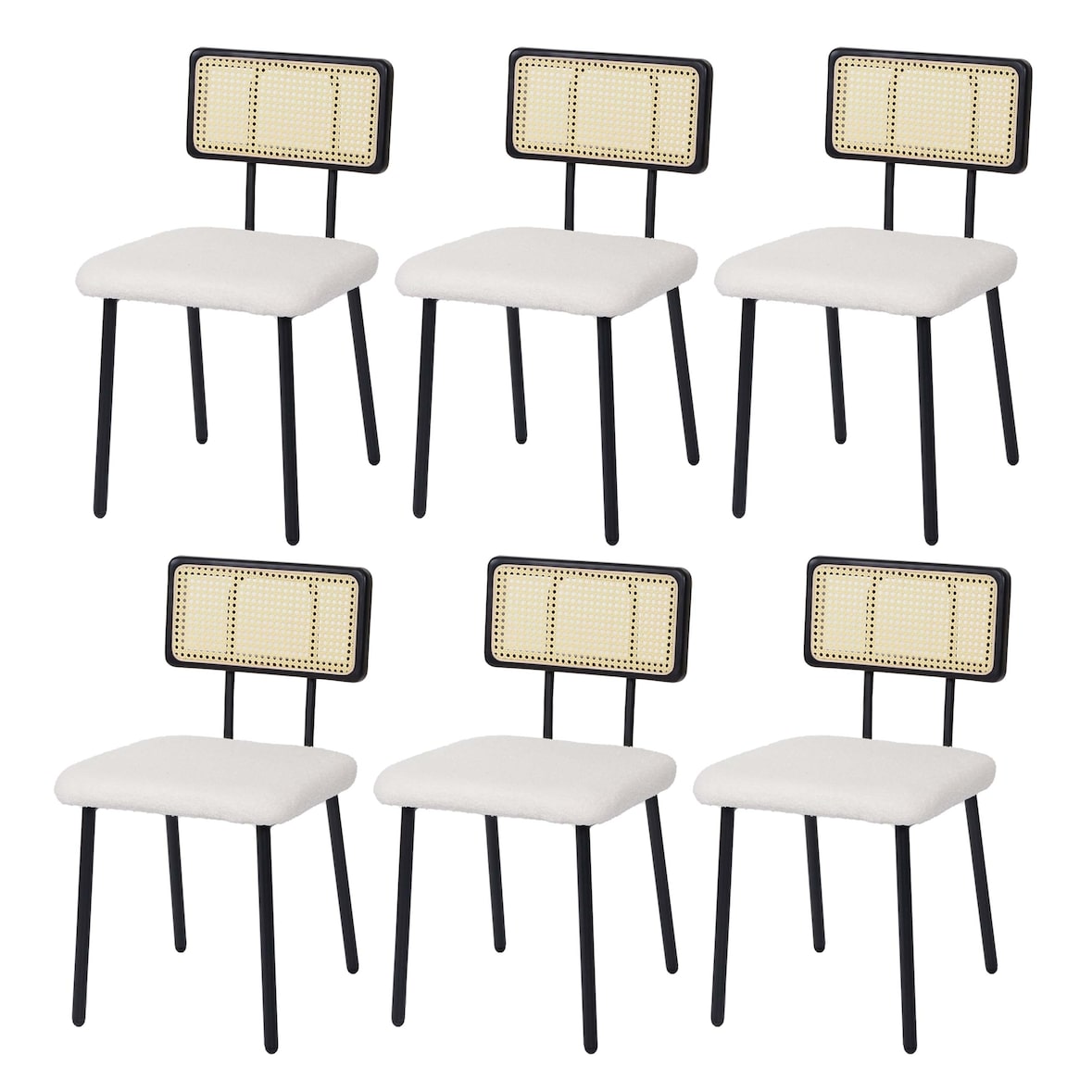 Lote de 6 sillas de comedor HWC-K88, sillón silla, madera poly rattan metal bouclé ~ tela/textil blanco