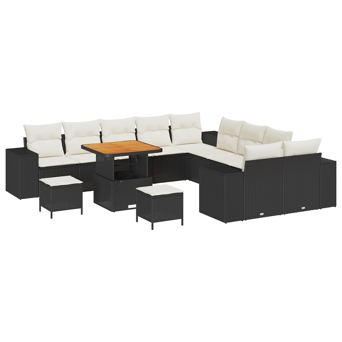 vidaXL 13-teiliges Garten-Sofa-Set mit Kissen in Schwarz aus Poly-Rattan und Akazienholz.