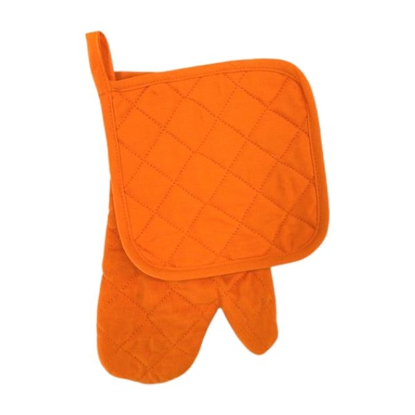 Ensemble gant de cuisine + manique rembourrés, orange, 100% coton