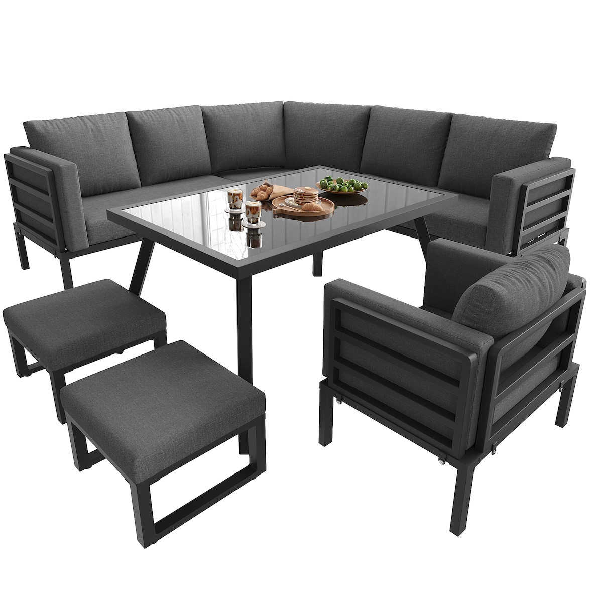 Merax Modulares Gartenmöbel-Set für 8 Personen, Ecksofa Sofa, Glastisch, Sessel & 2 Hockern, mit Sitzkissen & Rückenkissen, wetterfeste, Grau