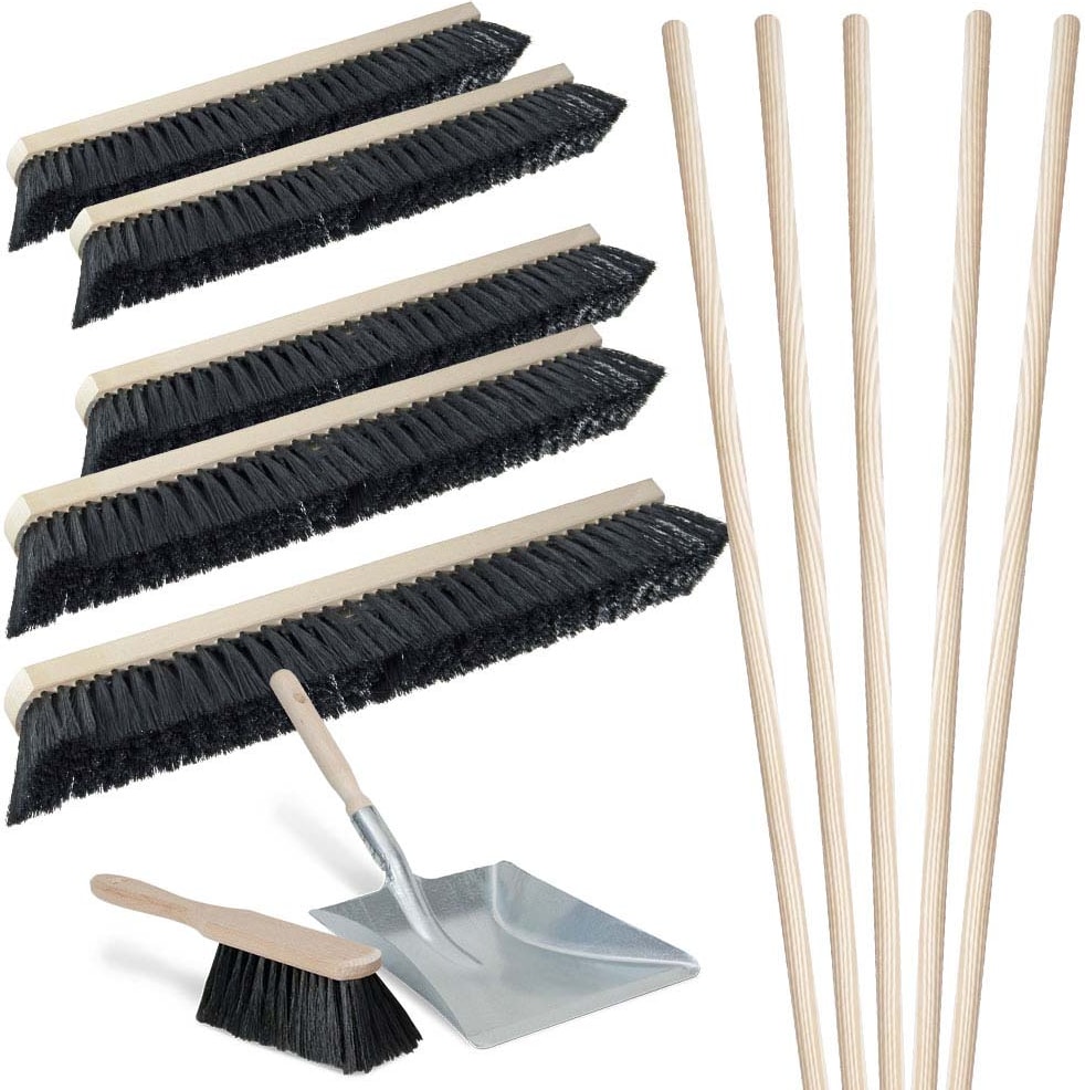 BRB 12-teiliges Besen-Set, 5X Roßhaar Saalbesen 1.000 mm, Handfeger, Kehrschaufel