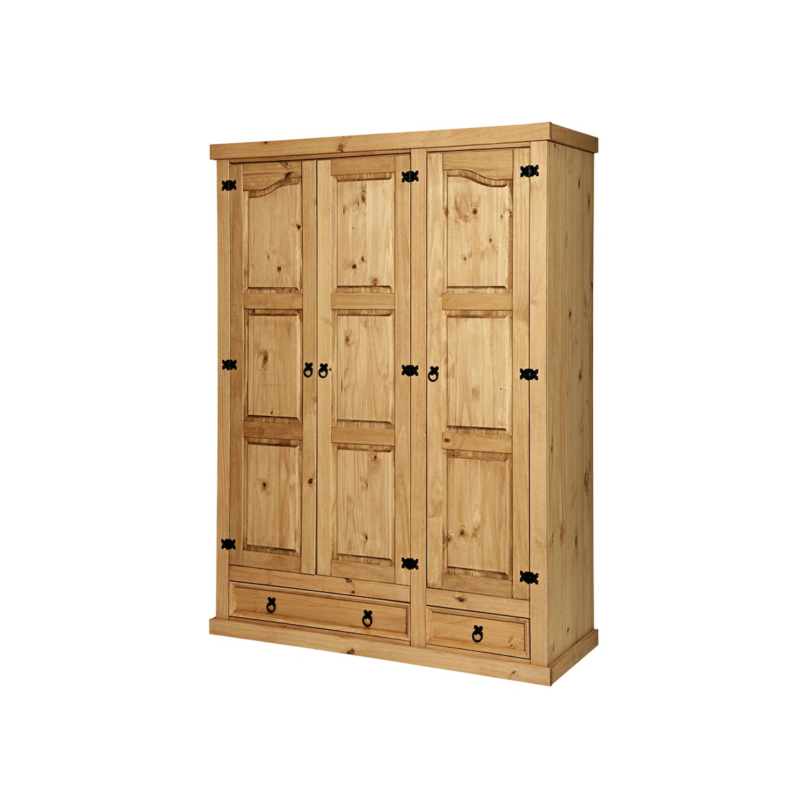 Möbilia Kleiderschrank | mit 3 Türen, 2 Schubladen | Kiefer-Holz massiv | naturfarben gewachst | B 151 x T 56 x H 205 cm | 19020067 | Serie SCHRANK