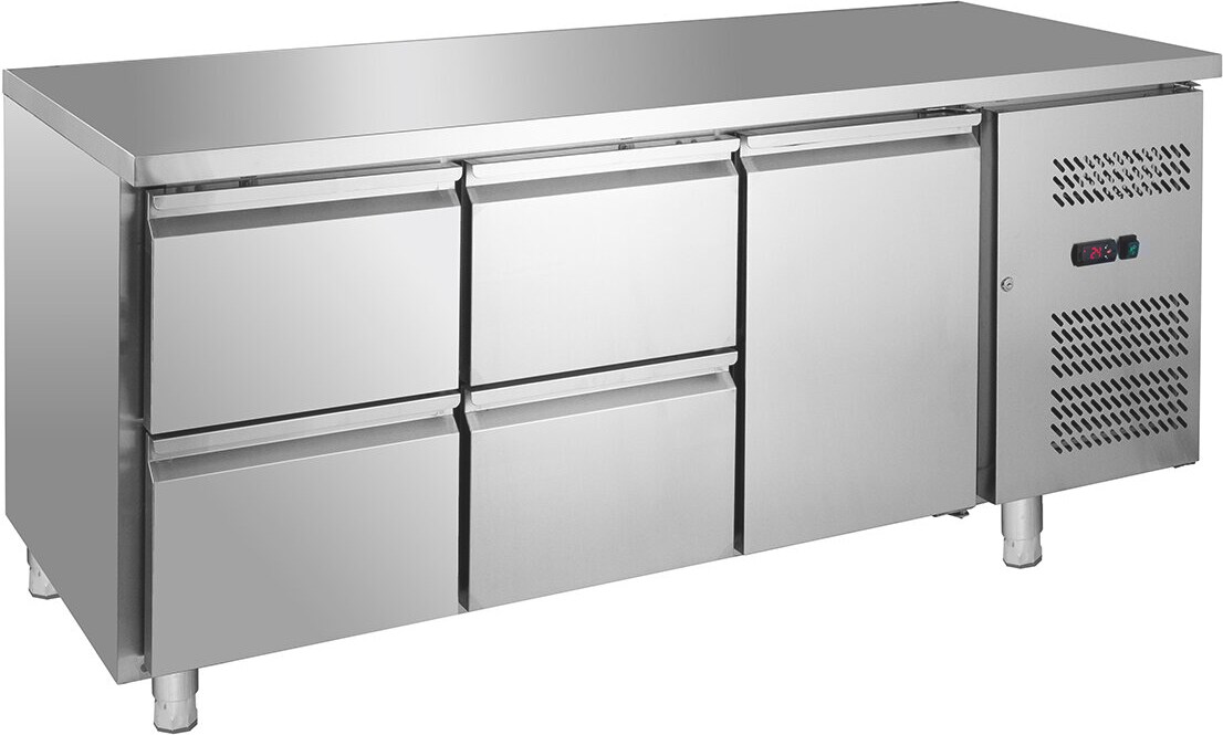 GastroHero Kühltisch Edelstahl GN 1/1 1 Tür 4 Schubladen Umluftkühlung 0 °C bis +8 °C 230 V Profi Gastronomie Kühltisch 1800x700x850 mm