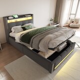 thumbnail of Multifunktionales Polsterbett mit Stauraum und LED-Beleuchtung für , USB-Steckdose, hydraulisches Hebesystem, grauer Leinenstoff, 90x200 Grau