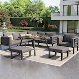 thumbnail of Merax Modulares Gartenmöbel-Set für 8 Personen, Ecksofa Sofa, Glastisch, Sessel & 2 Hockern, mit Sitzkissen & Rückenkissen, wetterfeste, Grau