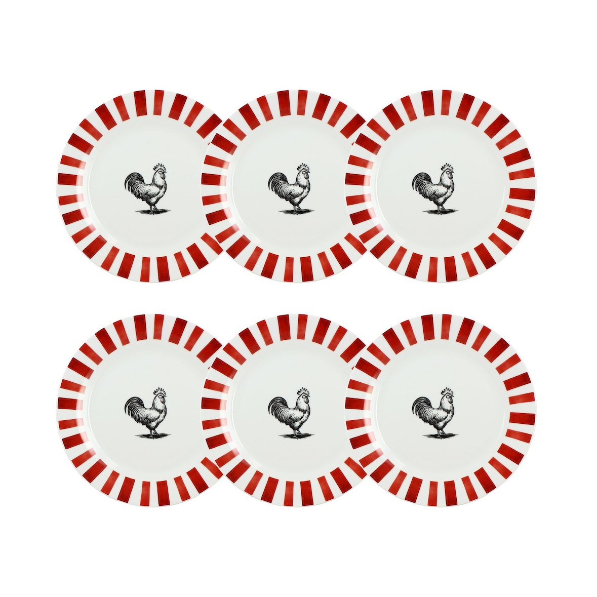 Novastyl - Lot 6 assiettes plates cocorico 26.5cm en porcelain rouge et blanc