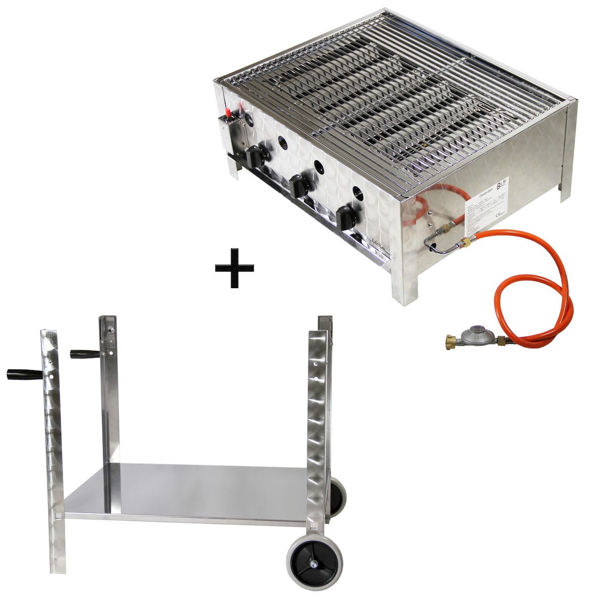 Gasbräter Gasgrill Gestell 10 kW Edelstahl 3 flammig Gasschlauch B01+G03+G04