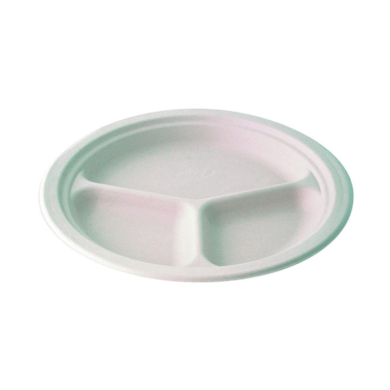 ECOLOMIQUE - 50 Pcs - Assiette ronde blanche en pulpe 3 compartiments Diam: 26,2 cm 26,2 x 26,2 x 2,6 cm - ECO210APU26C