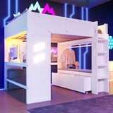 thumbnail of Hochbett 140x200 mit Schreibtisch, LED-Beleuchtung, USB/Typ-C-Anschlüssen, Stauraum, Kiefernholz-MDF, praktisch, modern, weiß