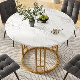 thumbnail of Essgruppe 5-teilig Esstisch Set Rund Tisch und 4 Stühle Gold+Grau 80x80x76 cm MDF Marmor Optik Samtbezug verstellbare Füße
